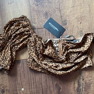 tan leopard satin v wire bardot puff sleeve crop top